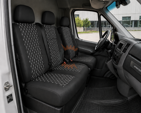 Еко кожа – комплект тапицерия 2+1 за VW Crafter Mercedes Sprinter W906 (2006–2018), черна с бял шев, 8 части