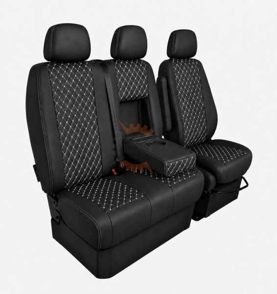 Еко кожа – комплект тапицерия 2+1 за VW Crafter Mercedes Sprinter W906 (2006–2018), черна с бял шев, 8 части