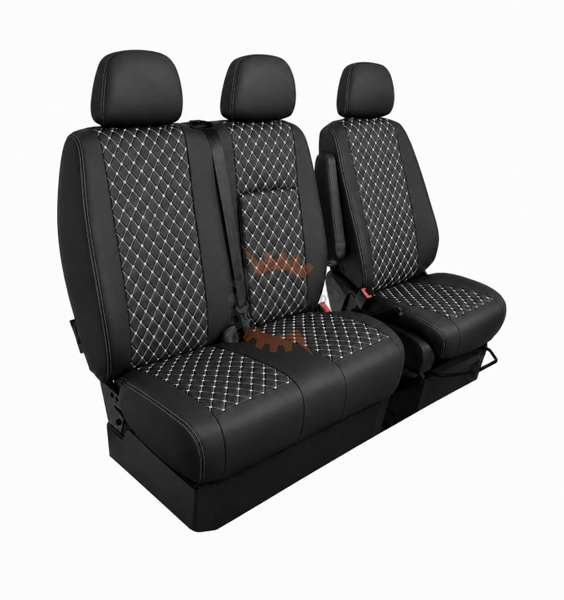 Еко кожа – комплект тапицерия 2+1 за VW Crafter Mercedes Sprinter W906 (2006–2018), черна с бял шев, 8 части