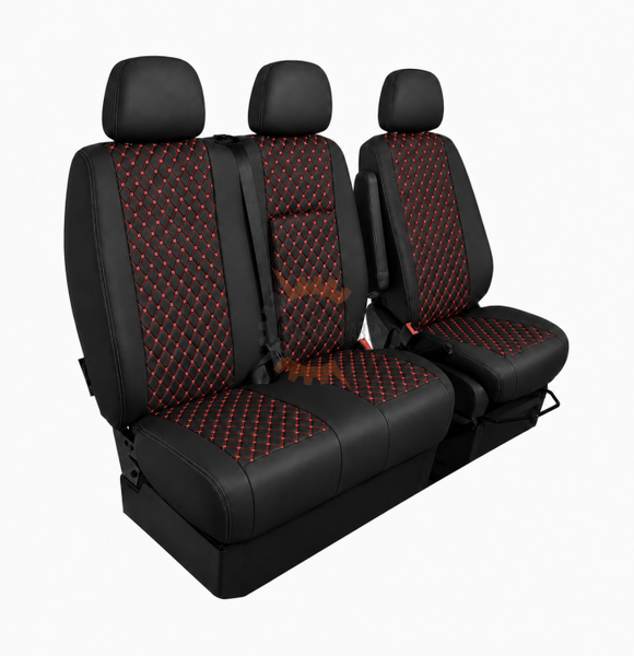 Еко кожа – комплект тапицерия 2+1 за VW Crafter Mercedes Sprinter W906 (2006–2018), черна с червен шев, 8 части