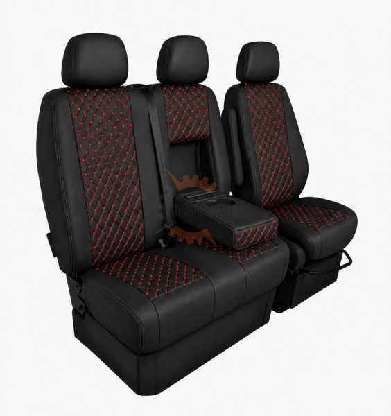 Еко кожа – комплект тапицерия 2+1 за VW Crafter Mercedes Sprinter W906 (2006–2018), черна с червен шев, 8 части