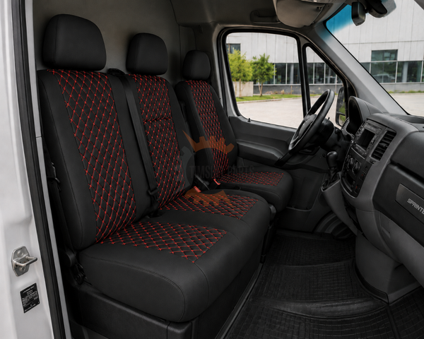 Еко кожа – комплект тапицерия 2+1 за VW Crafter Mercedes Sprinter W906 (2006–2018), черна с червен шев, 8 части
