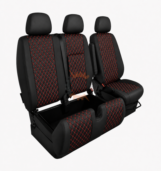 Еко кожа – комплект тапицерия 2+1 за VW Crafter Mercedes Sprinter W906 (2006–2018), черна с червен шев, 8 части