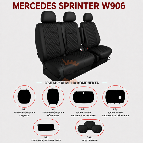 Еко кожа – комплект тапицерия 2+1 за VW Crafter Mercedes Sprinter W906 (2006–2018), черна със черен шев, 8 части