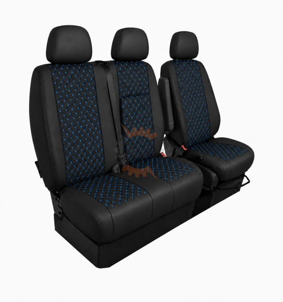 Еко кожа – комплект тапицерия 2+1 за VW Crafter Mercedes Sprinter W906 (2006–2018), черна със син шев, 8 части