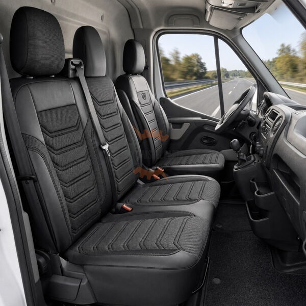 Луксозен комплект тапицерия PANDA за Mercedes Sprinter II W906 (2006–2017) и VW Crafter (2006–2016) – Еко кожа и текстил, черно/сиво
