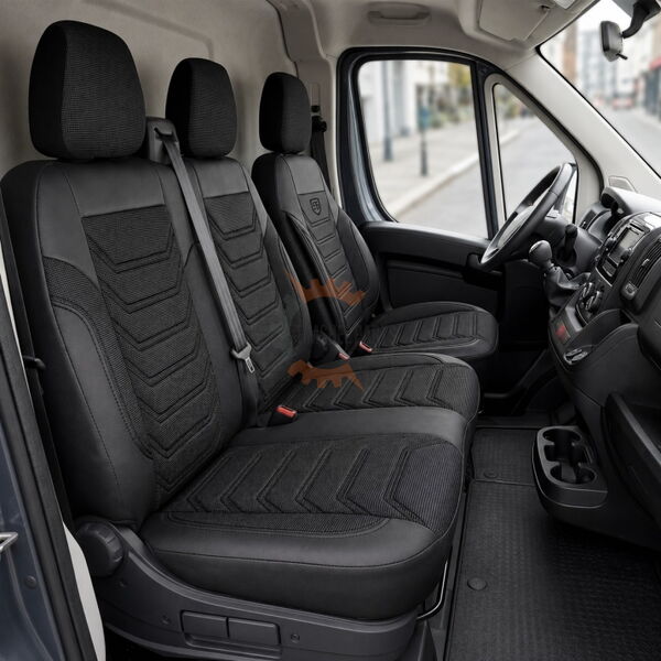 Луксозен комплект тапицерия PANDA за FIAT DUCATO / PEUGEOT BOXER / CITROEN JUMPER след 2006 год – Еко кожа и текстил, черно/сиво