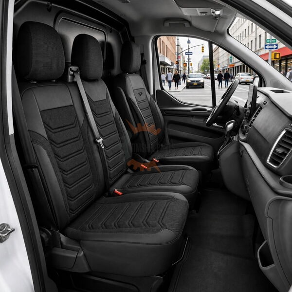 Луксозен комплект тапицерия PANDA за PEUGEOT EXPERT III 2016- / CITROEN JUMPY III 2016- / OPEL VIVARO C 2019- / FIAT SCUDO 2022- – Еко кожа и текстил, черно/сиво