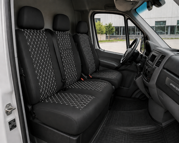 Еко кожа – комплект тапицерия 2+1 за VW Crafter Mercedes Sprinter W906 (2006–2018), черна с бял шев, 8 части