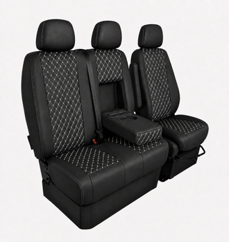 Еко кожа – комплект тапицерия 2+1 за VW Crafter Mercedes Sprinter W906 (2006–2018), черна с бял шев, 8 части