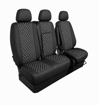 Еко кожа – комплект тапицерия 2+1 за VW Crafter Mercedes Sprinter W906 (2006–2018), черна с бял шев, 8 части