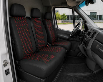 Еко кожа – комплект тапицерия 2+1 за VW Crafter Mercedes Sprinter W906 (2006–2018), черна с червен шев, 8 части