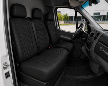 Еко кожа – комплект тапицерия 2+1 за VW Crafter Mercedes Sprinter W906 (2006–2018), черна със черен шев, 8 части