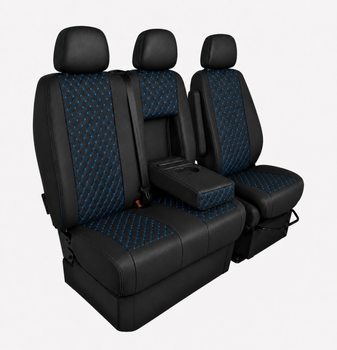 Еко кожа – комплект тапицерия 2+1 за VW Crafter Mercedes Sprinter W906 (2006–2018), черна със син шев, 8 части