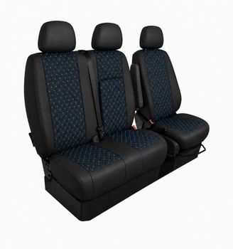 Еко кожа – комплект тапицерия 2+1 за VW Crafter Mercedes Sprinter W906 (2006–2018), черна със син шев, 8 части