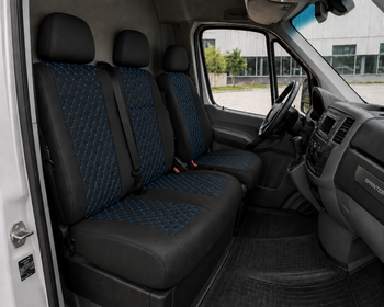 Еко кожа – комплект тапицерия 2+1 за VW Crafter Mercedes Sprinter W906 (2006–2018), черна със син шев, 8 части