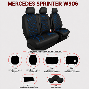 Еко кожа – комплект тапицерия 2+1 за VW Crafter Mercedes Sprinter W906 (2006–2018), черна със син шев, 8 части