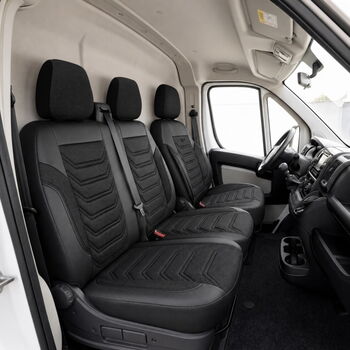 Луксозен комплект тапицерия PANDA за FORD TRANSIT CUSTOM MK1 2012-2023 – Еко кожа и текстил, черно/сиво