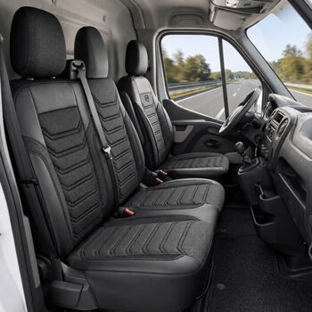 Луксозен комплект тапицерия PANDA за Mercedes Sprinter W907 след 2018 год. – Еко кожа и текстил, черно/сиво