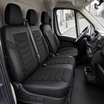 Луксозен комплект тапицерия PANDA за FIAT DUCATO / PEUGEOT BOXER / CITROEN JUMPER след 2006 год – Еко кожа и текстил, черно/сиво