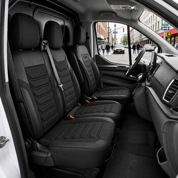 Луксозен комплект тапицерия PANDA за PEUGEOT EXPERT III 2016- / CITROEN JUMPY III 2016- / OPEL VIVARO C 2019- / FIAT SCUDO 2022- – Еко кожа и текстил, черно/сиво